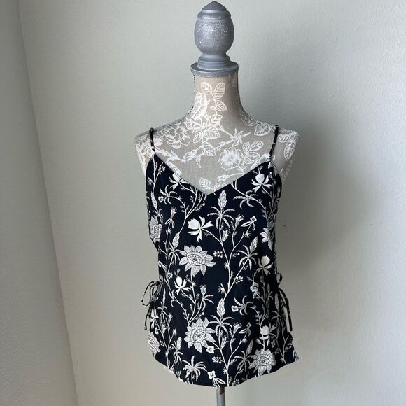 Scotch & Soda Maison Scotch Mix Media Side Tie Floral Tank in Black/ White - Picture 1 of 9